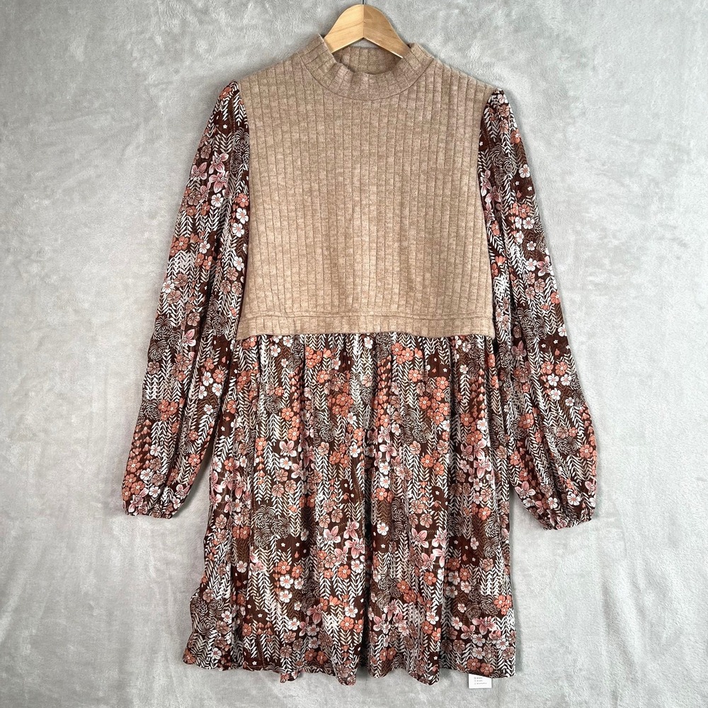 Cupshe Brown Retro Floral Mockneck XL Long Sleeve Mini Dress Cottagecore Prairie - Picture 2 of 15